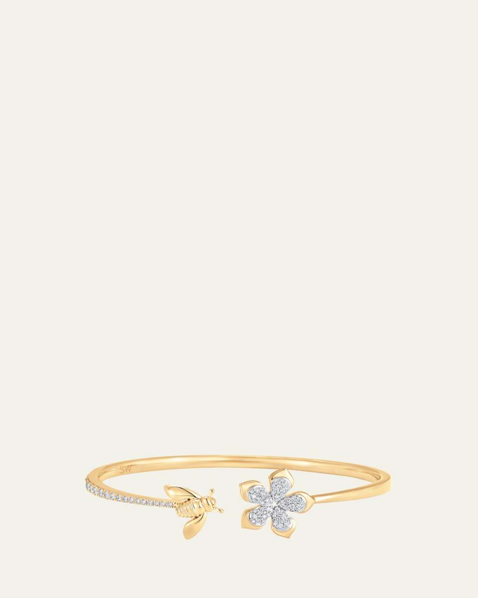 18K Two-Tone Gold Queen Bee Diamond Partial Flower And Bee Open Bangle Cuff